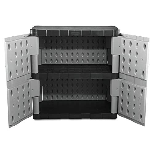 Rubbermaid Freestanding Storage Cabinet with Doors 18"D x 36"W x 37"H Medium Gray/Black Two-Shelf Lockable Cabinet for Indoor/Outdoor/Garage Storage for Garden Tools/Lawn Care Accessories