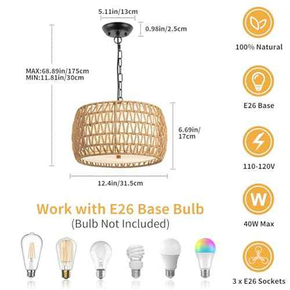 WILON 12.4'' 3-Light Rattan Chandelier with Fabric Shade, Dining Room Light Fixtures Over Table, Modern Boho Pendant Lights Kitchen Island Lighting, Farmhouse Rustic Drum Hanging Lamp with E26 Base