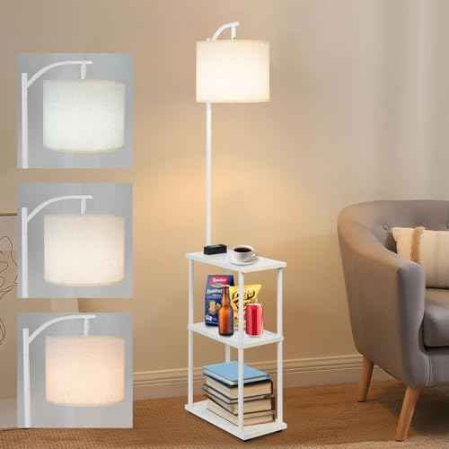 Floor Lamp with Table, Narrow Side Table with USB-A/USB-C Charging Station and AC Port, 3 Color Temperatures 12W LED Bulb, End Table for Bedroom, Living Room and Home Office, White