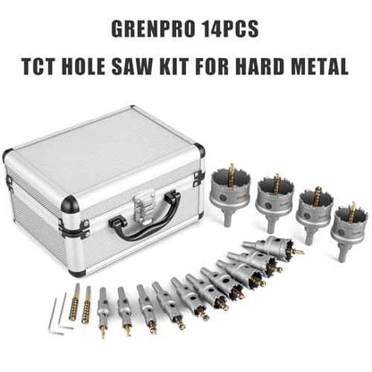 16 PCS TCT Hole Saw Kit for Hard Metal, 5/8" to 2-1/8" TCT Hole Cutter Set, Stainless Steel, Iron, Wood, Plastic, with 2*Extra Titanium Plated Pilot Center Drill and 2*L-Wrench