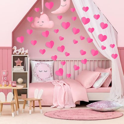 JOICEE 100 PCS 3D Pink Heart Valentine Day Wall Stickers,Waterproof Removable Love Heart Wall Decorations for Bedroom Wedding Anniversary Party Holiday Decor,4 Different Sizes