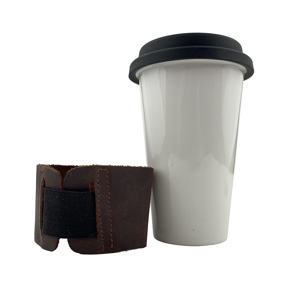 Hide & Drink Rustic Leather Reusable Coffee & Tea Grip Sleeve, Insulator, Hand Protector & Drink Grip for Paper Cups Handmade (Bourbon Brown)