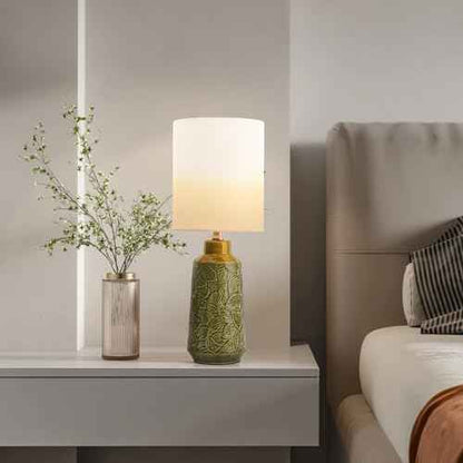 Ceramic Table Lamp Set of 2, 18" Modern Farmhouse Bedside Lamps with Leaf Pattern & White Linen Shade, Nightstand Lamps with Inline ON/Off Switch for Living Room, Bedroom, Dining Room