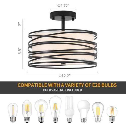 Drum Semi Flush Mount Ceiling Light Fixture Vintage Modern Farmhouse 2-Lights Linen Drum Ceiling Lighting Rustic Black Ceiling lamp for Dining Room, Bedroom, Kitchen, Laundry Room