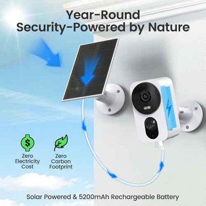 2.4G/5G WiFi 6 Wireless Outdoor/Indoor Security Camera, Solar Powered 2.5K 4MP, Cloud/SD Storage, Color Night Vision, AI Human Detection, Spotlight & Siren, 2-Way Talk, Dual Band, IP65