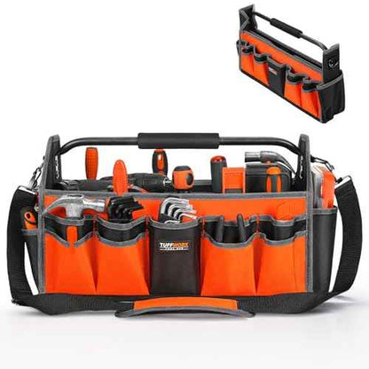 Tool Tote Bag, 15-Pocket Storage Organizer, Heavy-Duty Handle, Orange and Black