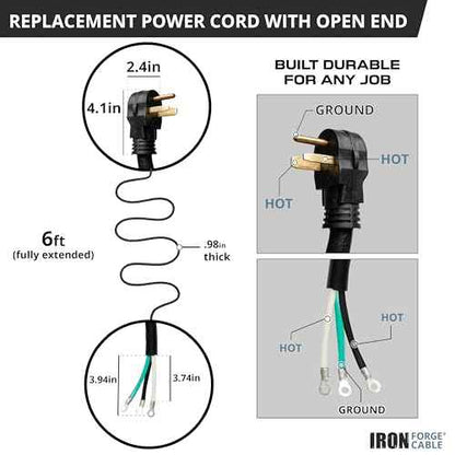 Iron Forge Cable NEMA 6-50 Extension Cord with Open End - 6ft 50 Amp EV Power Cord with Eyelet, 6/3 Gauge Replacement Cable - NEMA 6-50 Plug STW