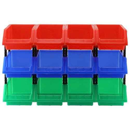 HOIGON 12 Pack Garage Storage Tool Bin, 7.09 x 4.72 x 3.15 Inch Plastic Hanging Stacking Stackable Organizer Storage Rack for Hardware Tools Organization, Workshop, Small Parts, Green Blue Red