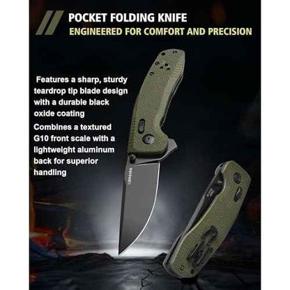 Pocket Folding Knife(EDC)- 3.35" D2 Steel PVD Nitro-V Steel Blade, G10 Handle- Lightweight Folding knives with Clip for Camping, Hiking, Hunting Survival Multi-Tool (Olive Green)