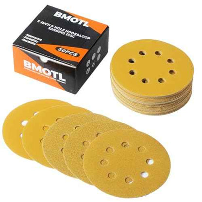 50Pcs 5-Inch Premium Sanding Discs Hook & Loop 8-Hole:60-320 Assorted Grit Round Sandpaper for Random Orbital Sander Woodworking Finishing/Automotive Polishing/Metal Sanding