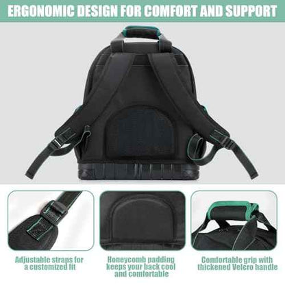 Tool Backpack Heavy Duty with Hard Bottom, Tool Backpack for Men, Electrician Bag, 15 Pockets, Waterproof Construction Backpack for HVAC, Mechanics, and Jobsite