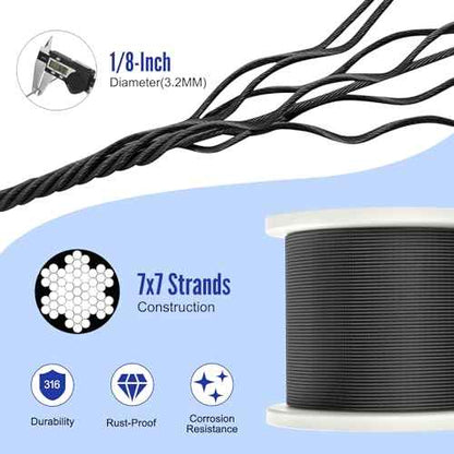 BLIKA 300FT 1/8" Black Stainless Steel Cable, T316 Marine Grade, Stainless Steel Wire Rope 7x7 Strand Construction, 1850lbs Breaking Strength Aircraft Cable for Deck Cable Railing, DIY Balustrades
