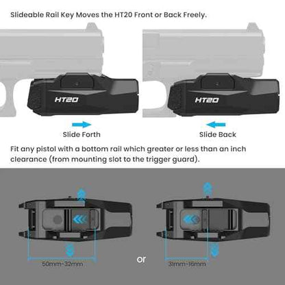 VOTATU HT20 Pistol Light, 1600 Lumens Adjustable Rail Keys Tactical Flashlight, Fits Compact & Full Size Guns with GL Style and 1913 Picatinny Rail, Rechargeable LED Light