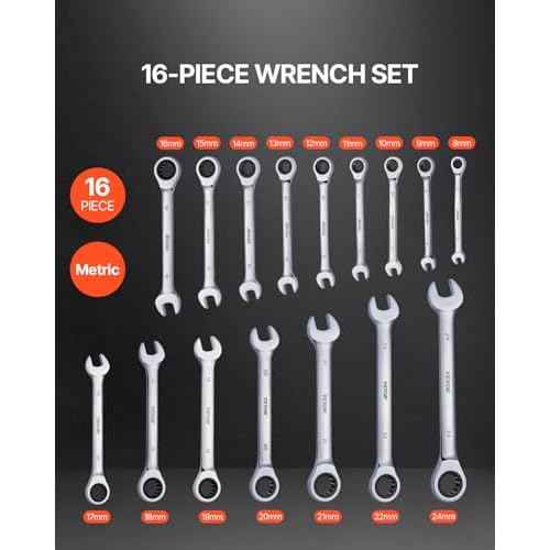VEVOR Combination Wrench Set, 16-Piece Ratcheting Wrench Set with Organizer Rack, Cr-V Steel, Metric 8 mm to 24 mm, Ideal for General Household, Garage, Workshop, Auto Repairs, Emergency