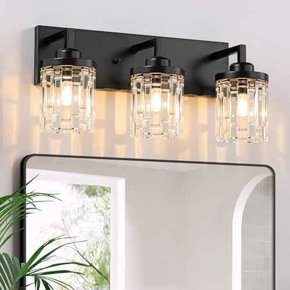 Black Vanity Light, 3 Light Crystal Modern Farmhouse Bathroom Lights, with Clear Glass Shade, Rustic Bathroom Light Fixtures, Black Bathrooms Wall Light Over Mirror for Living Room, Bedroom, Hallway