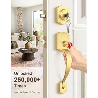 Camelot Brushed Gold Front Door Handle and Deadbolt Set, Front Door Lock Set, Satin Brass Finish, Upgated Entry Door Handle with Accent Wave Door Lever with Reversible Handle Lever, 1 Pack
