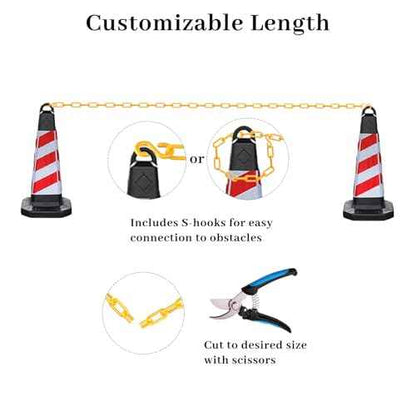 Plastic Chain, 220 FT Yellow Plastic Chain Links, Durable Plastic Safety Chain Barrier with 40 Hooks for Crowd Control, Private Property, Parking Lots, Driveways, Queue Line and Construction Sites