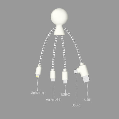 Xoopar Multi USB Cable 4 in 1 - Universal Charger Made from Recycled Plastic - USB, USB-C, Lighting, Micro USB Ports - Compatible with All Smartphones Mr Bio White Octopus
