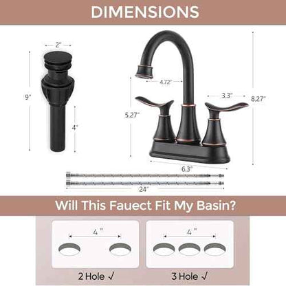 KINGO Bathroom Faucets for Sink 3 Hole, 2 Handle 4 inch Oil Rubbed Bronze Bathroom Sink Faucet with Pop-up Drain and Supply Hoses, Stainless Steel Lead-Free Centerset Faucets for Vanity RV, 2 Pack