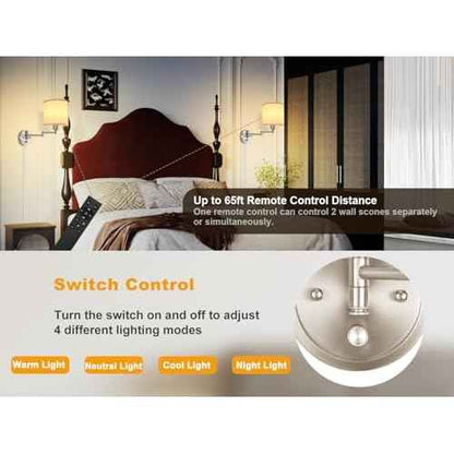Plug in Wall Sconces with Remote Control, Dimming & Adjustable Colors 2700K-6500K, Hardwire or Plug-in, Swing Arm Wall Lamp with White Fabric Shade, Wall Sconces Set of Two, Brushed Nickel Finish