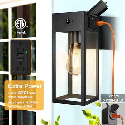 Porch Lights with GFCI Outlet, Dusk to Dawn Motion Sensor Outdoor Lights, 2 Lighting Modes Waterproof Anti-Rust Wall Sconce Lantern, Outside Light for House, Black