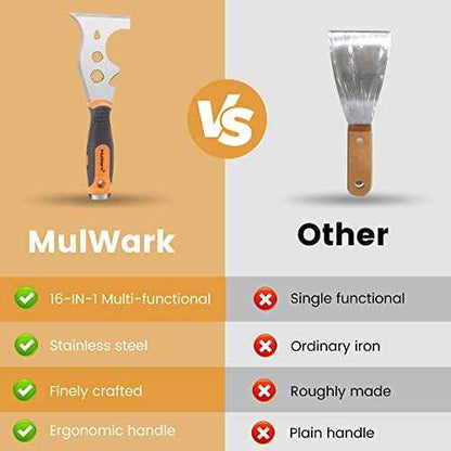 MulWark 16-in-1 Painter's Tool,3¡± Putty knife Drywall Paint Scraper,Multi-Painter's Stainless Steel Tool,Spealloy Paint Scraper, Taping knife,Hammer Head Soft Grip Handle,Nut Wrench Screw Bits inside
