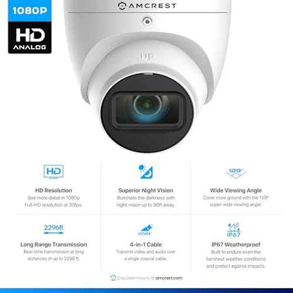 Amcrest Analog Outdoor Security Camera Dome 2MP 1080P @ 30fps, Quadbrid, 129¡Æ FOV, White (Not an IP Camera) (DVR Required, Not Included) AMC1080DM28-W