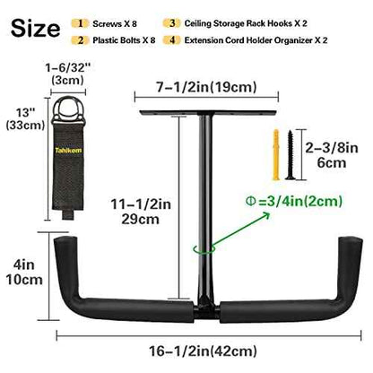 2 Set Overhead Garage Storage Rack, Heavy Duty Overhead Storage Double Hook, Ceiling Mount Hanger Safe Racks Hooks, Hanging for Lumber Ladder Storage & Other Bulky Items (Pack of 2 - Black)