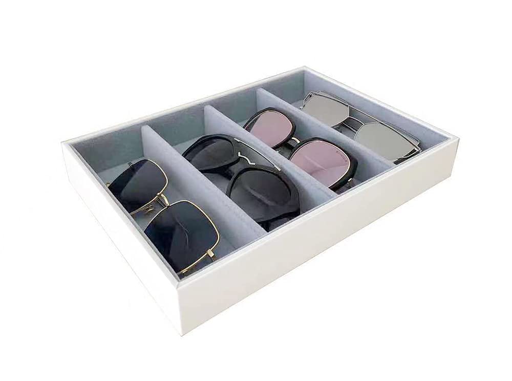 Premium Quality Sunglasses Eyewear 4 Slot Tray Organizer Display Navy Blue PU Leather Exterior Soft Velvet Liner Grey