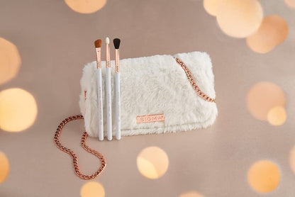 Sigma Beauty Glam ‘N Glow Mini Eye Makeup Brush Set – Set of 3 Eye Makeup Brushes for Blending, Shading, Lining, and Smudging, Includes Stylish Black Small Makeup Bag (4 Pcs)