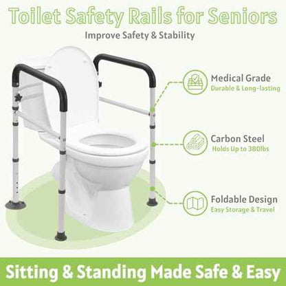Toilet Safety Rails for Seniors - Adjustable & Foldable Medical Toilet Safety Frame - Heavy Duty Stand Alone Toilet Handles Support for Elderly Disabled & Handicap - Fits Most Toilets (380 lb)