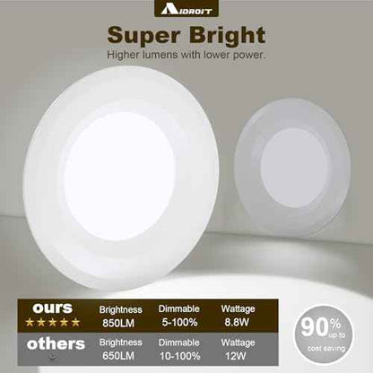 12 Pack Recessed Lighting 6 Inch Retrofit LED Can Lights 5CCT Selectable 2700K/3000K/3500K/4000K/5000K Dimmable Downlight, Smooth Trim, 8.8W, 850LM, Wet Rated - ETL & Energy Star