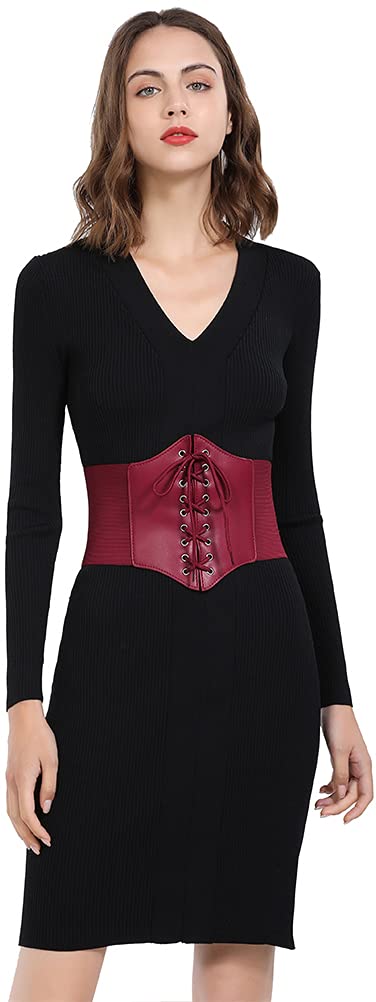 Hoerev Corsets Belt Tops Leather Vest Pirate Halloween Costume Lace Up Waist Belt Bustiers Corsets For Women, Plum, M