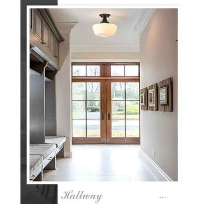 Schoolhouse Light Fixture, 12 Inch Black Finish with Milk Glass Semi Flush Mount Ceiling Light, Ceiling Light Fixture for Kitchen Hallway Entryway