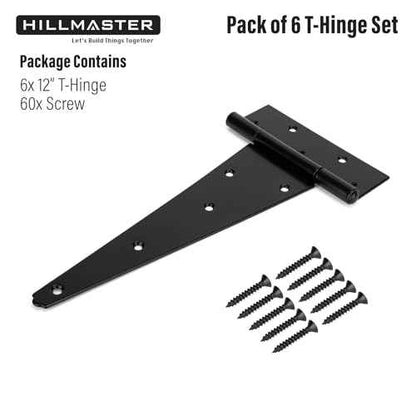 12 Inch T-Strap Heavy Duty Shed Door Hinges Gate Strap Hinges Black Tee Hinge Wrought Hardware for Wooden Fences,Yard,Barn Door,Rustproof (6 Pack)