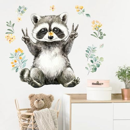 Yovkky Lovely Raccoon Wall Decals Stickers, Woodland Animals Flower Leaves Toddler Baby Nursery Decor, Forest Home Decorations Kids Bedroom Playing Room Classroom Art