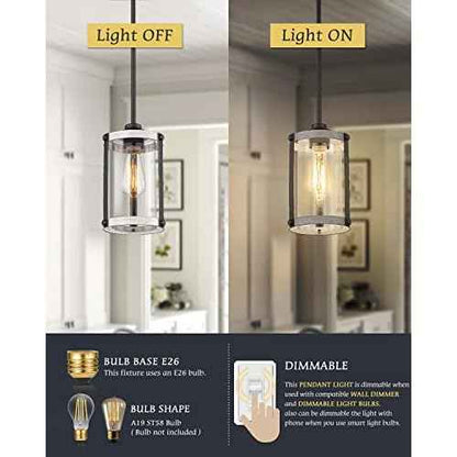 Farmhouse Pendant Light Fixtures, 1-Light Rustic Oak White Pendant Light Fixtures, Mini Glass Hanging Lighting with Rod for Kitchen Island Bar Bedroom, Adjustable Length, OS-3015