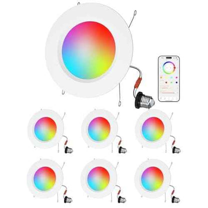 LED Recessed Lighting 6 inch/5 inch, Smart RGB Bluetooth Can Lights, 13W 1050LM, Color Changing, Retrofit Led Recessed Light Compatible with Alexa for Bedroom Living Room Kitchen, 6Pack