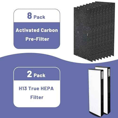 1183800 Replacement Filter Compatible with Whirlpool WPT80(P/B) & 817800 fit Whispure Large Tower Air Purifier, with 2 H13 HEPA Filters + 8 Activated Carbon Pre-Filters