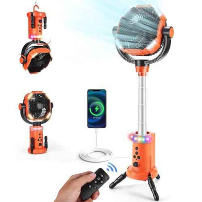 Odoland 20000mAh Camping Fan with Lantern, 360¡Æ Oscillation Rechargeable Battery Operated Outdoor Power Fan with Remote, Hook £¦ RGB Light for Camp, Family Travel and Jobsite, Orange