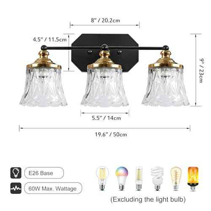 Vintage Bathroom Vanity Light Fixtures, Black and Gold 3-Light Vanity Light, Antique Bathroom Lighting Fixtures Over Mirror with Crystal Glass Shade, Vanity Lights for Bedroom Living Room Hallway