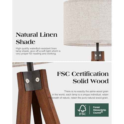 ELYONA Solid Wood Tripod Floor Lamp with 3 Color Temperatures LED Bulb, Mid Century Modern Reading Standing Light Nature Linen Shade Tall Night Light for Bedroom Living Room Office Study Room, Brown