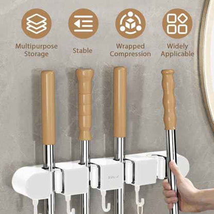 6PCS 4 Racks and 5 Hook Broom Mop Holder with Hooks Wall Mounted Broom Storage Rack No Drilling Self-Adhesive Mop Broom Organizer Mop Holder Hanger for Bathroom Office Kitchen Closet Garage,White