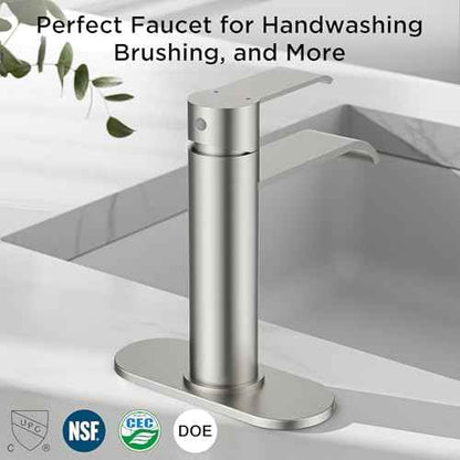 FORIOUS Brushed Nickel Bathroom Faucets, Modern Waterfall Bathroom for 1 or 3 Hole, Single Handle Faucets with Metal Pop Up Drain and 24" Supply Hoses