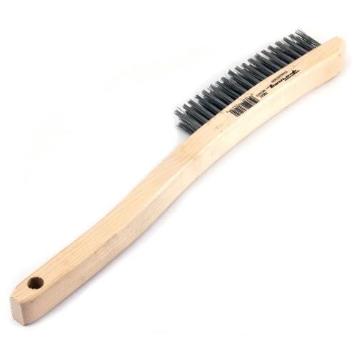 Forney 70521 Wire Scratch Brush, Stainless Steel with Curved Wood Handle, 13-3/4-Inch-by-.013-Inch