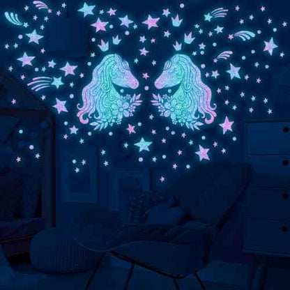 33.46 x 20.47 Inch Glow in The Dark Unicorns Wall Decals Unicorns Stars Wall Stickers Blue Luminous Glow Stars Ceiling Stickers Decor for Baby Girls Boys Bedroom Ceiling Nursery Room