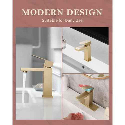 Brushed Gold Single Hole Bathroom Faucet - 304 Stainless Steel, Low-Profile Design with Metal Pop-Up Drain for Modern Vanities, Easy Install