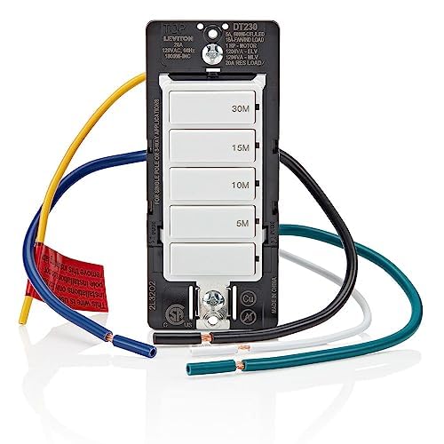 Leviton Countdown Timer Switch for bathroom fan and household lights, 5-10-15-30 min, No Neutral Required, Single Pole, 15A, 1/2 HP/9.8A Fan/Motor, DT130-1LW, White