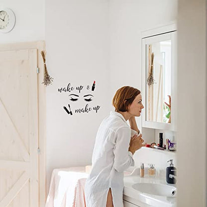 SUPERDANT PVC Wall Stickers Wake Up Make Up Eyelash Cosmetics Pattern Vinyl Lettering Wall Art Decals for Bedroom Powder Room Bathroom Decor 23"x14"