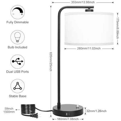 Table Lamp for Bedroom with USB C+A Ports, Fully Stepless Dimmable Farmhouse Bedside Lamp Nightstand Light, Tall Reading Desk Lamp for Living Room, Office, 9W LED Bulb Included